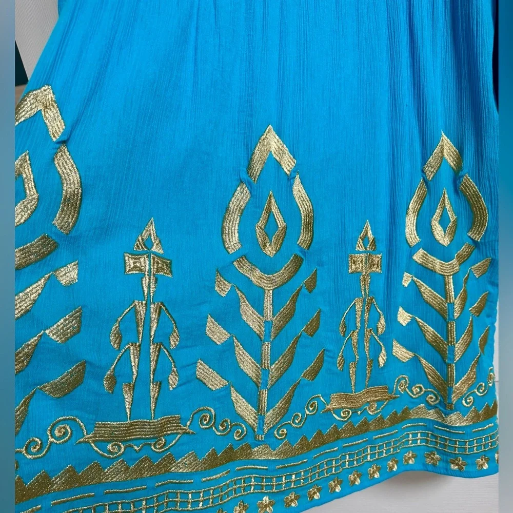 NWT Soft Surroundings Embroidered Tunic Dress Turquoise Gold Gauze Boho MP - Picture 9 of 9